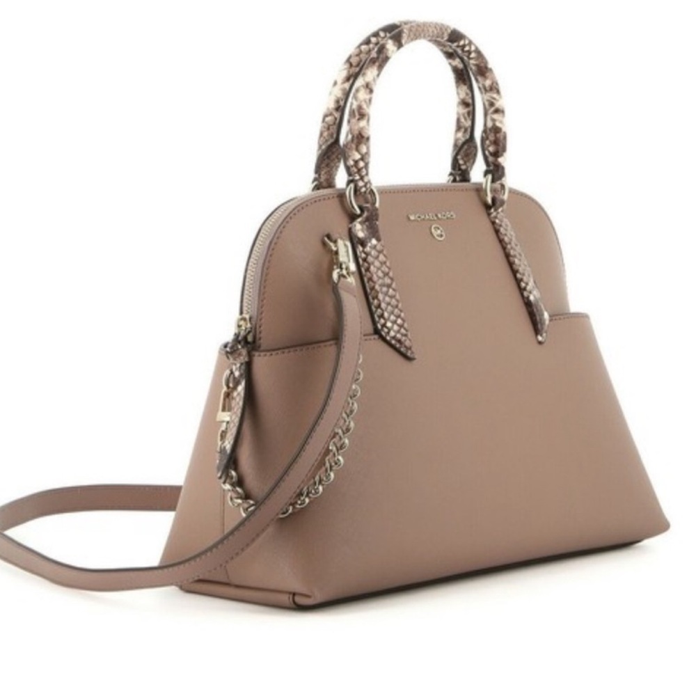 Michael Kors Tan Satchel with Snake Print Handles